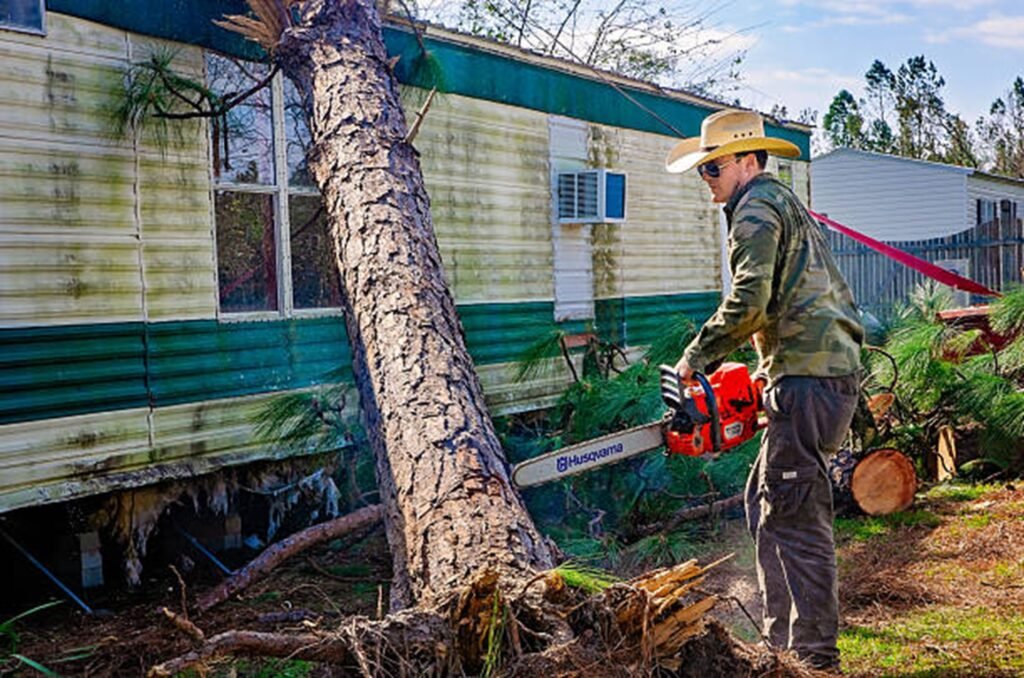 Storm-damaged tree leaning against a residential home before emergency tree removal service in St. Louis, MO.
