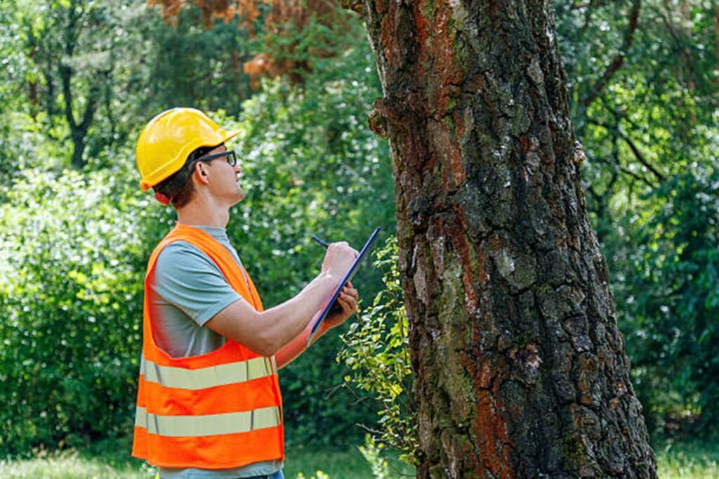 Certified arborist inspecting a storm-damaged tree to evaluate safety risks and recommend professional tree care services in St. Louis, MO.