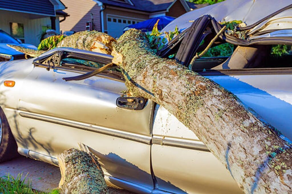 Large fallen tree crushing a parked vehicle after a severe storm, highlighting the need for professional storm damage cleanup in St. Louis, MO.